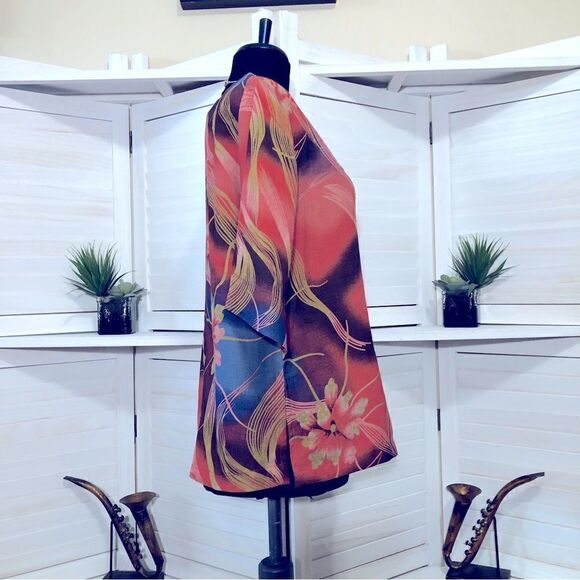 Vintage Floral Print Blouse Blue Red Tan Size Large - Picture 6 of 7